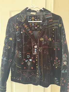 Chico's Black Velvet Jacket with Multicolor Embroidery and Stud Details
